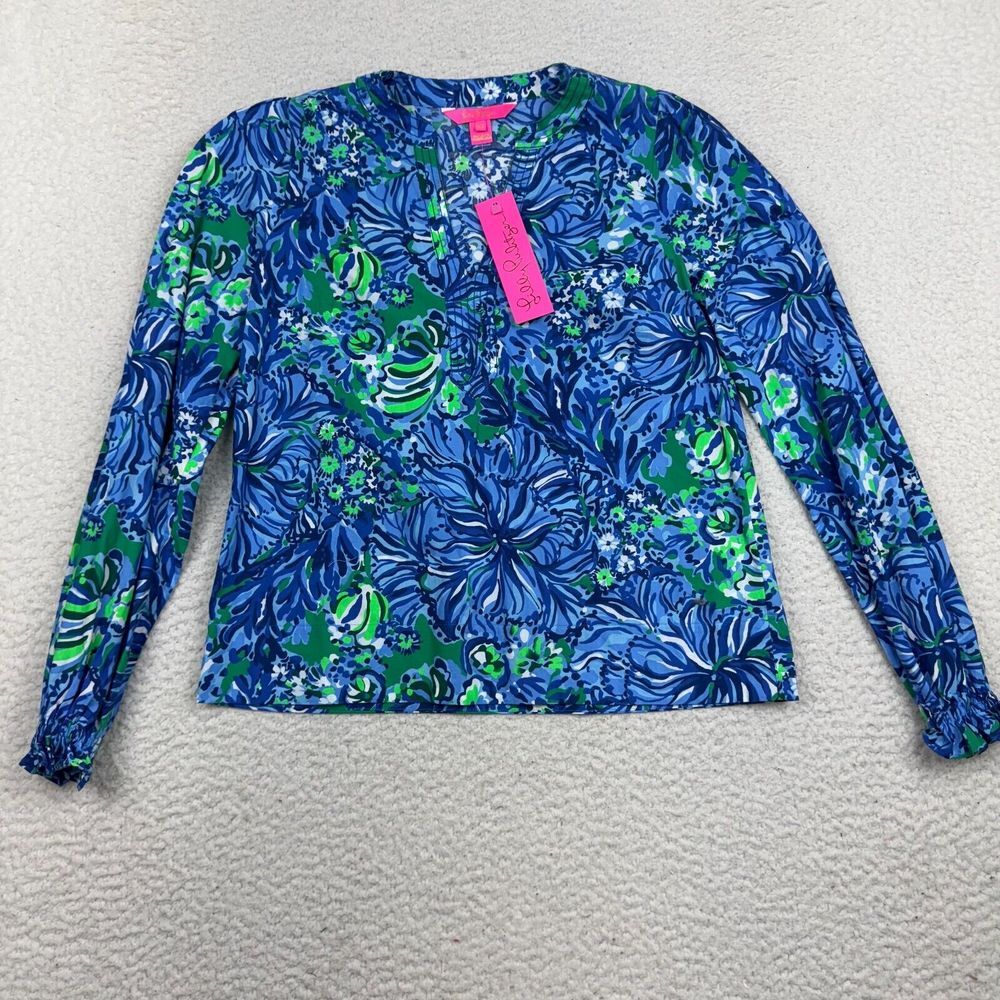 NWT Lilly Pulitzer Blouse Top Womens XXS Abaco blue Coulter Long Sleeves Popover